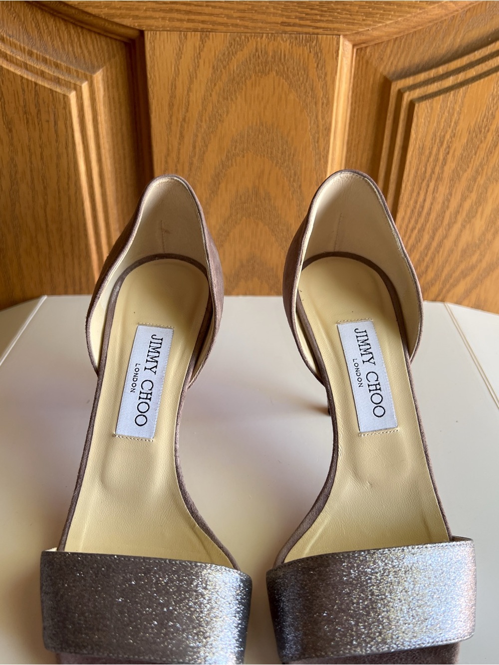Jimmy Choo Glitter Suede D'Orsay Heels Gray Silver Sandals EU 37 - Picture 4 of 7